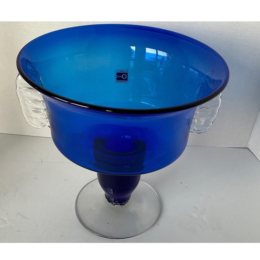 Blenko Vintage Cobalt Blue Art Glass Pedestal Bowl Clear Handles MCM Centerpiece
